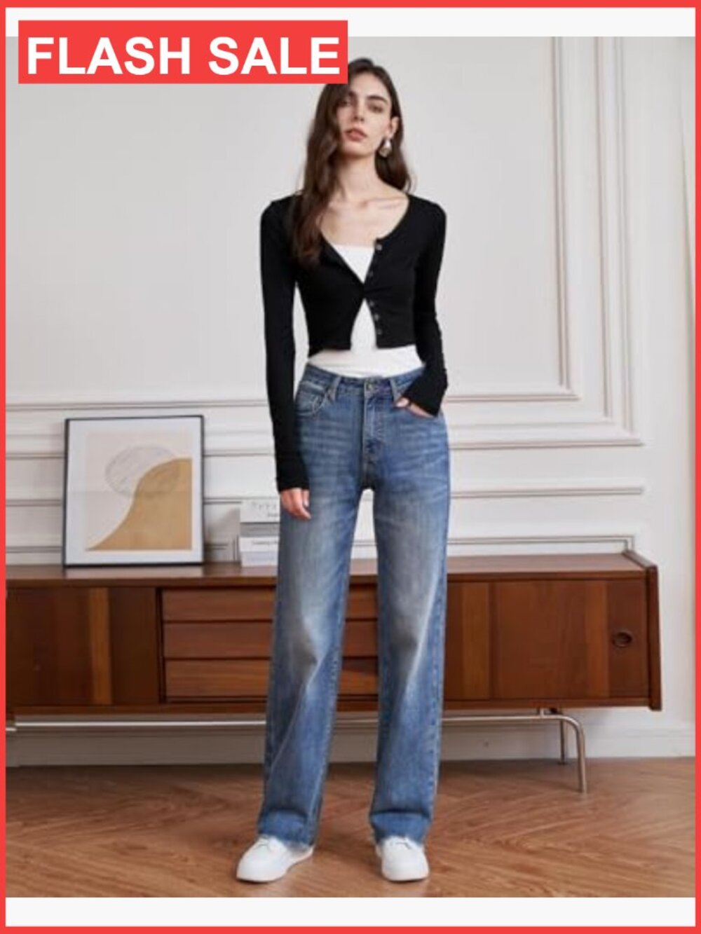 High Waisted Straight Leg Jeans Raw Hem Tummy Control Stretchy Denim - Picture 6 of 7